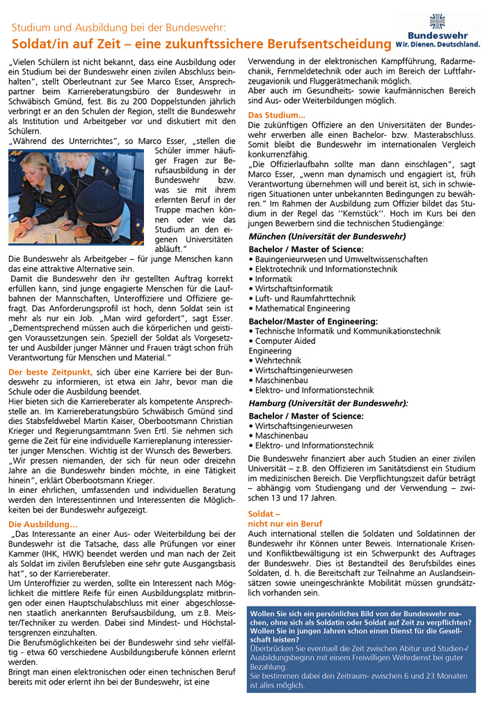 Freie Ausbildungsplätze Karrierecenter der Bundeswehr Stuttgart