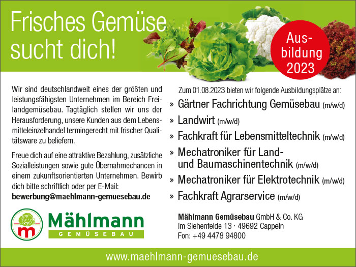 Freie Ausbildungsplätze Mählmann Gemüsebau GmbH & Co. KG