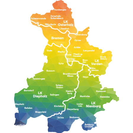 Stadt Bremen, Landkreise Osterholz, Verden, Nienburg, Diepholz